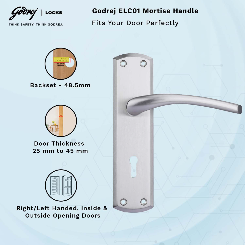 Godrej Mortise Door Lock | ELC 01-6 Levers | Handle Set with 2 Keys | Suitable for Left & Right Handed, Inside & Outside Opening Door Handle Set | Satin Steel Finish | Silver | 5 Years Warranty